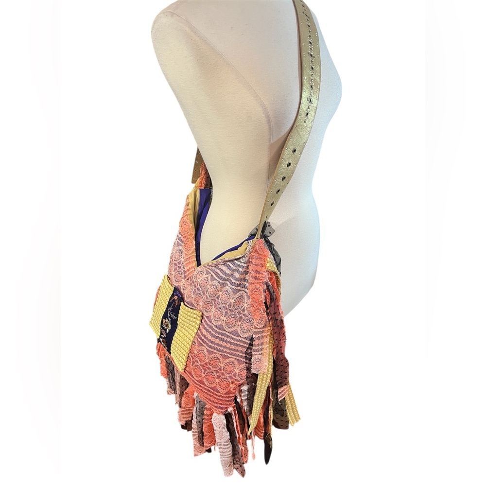 Bohemian Black fringe & Orange Lace Crossbody Bag Multi color embroidered detail - Picture 3 of 17